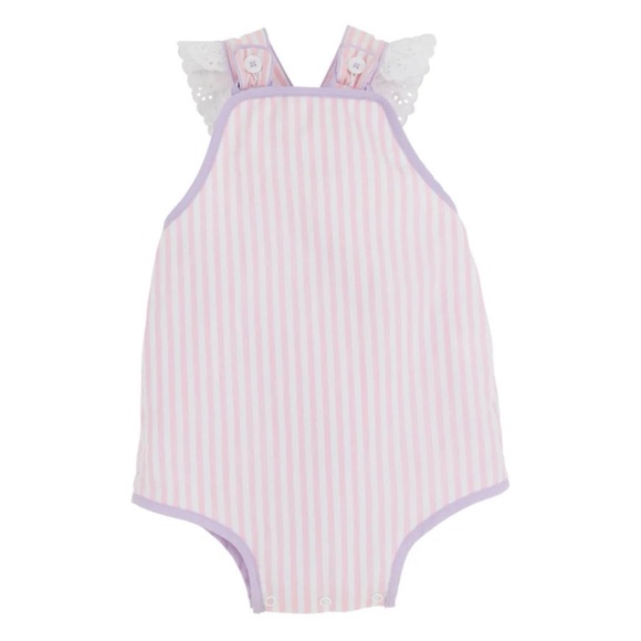 Beaufort Bonnet Co. Girls Saylor Sunsuit, Pink & White Stripe with Lavender Trim - Picture 1 of 15